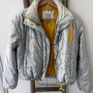 Silver Puffer Jacket with Yellow Lining
